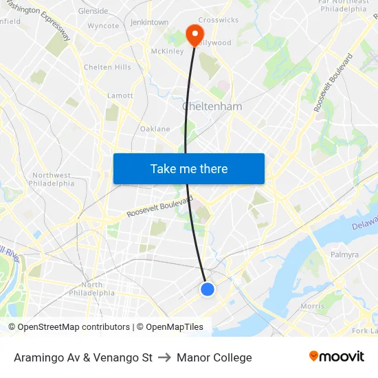 Aramingo Av & Venango St to Manor College map