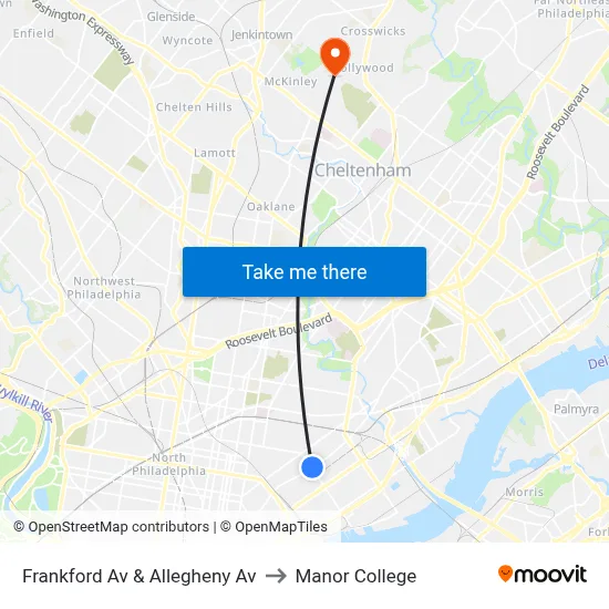 Frankford Av & Allegheny Av to Manor College map