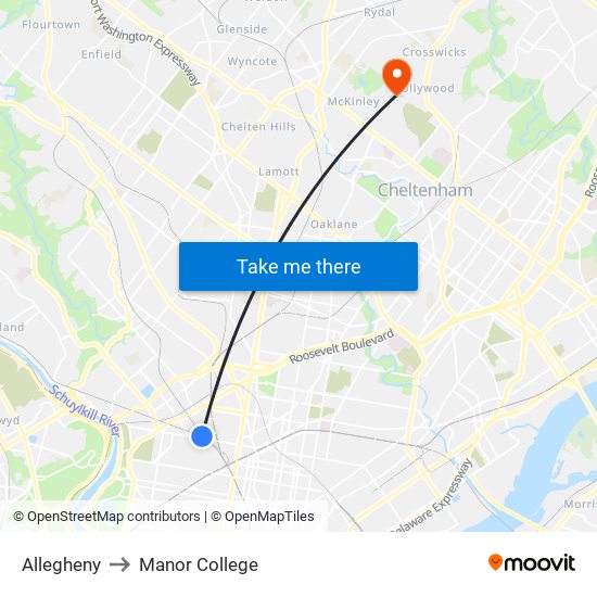 Allegheny to Manor College map