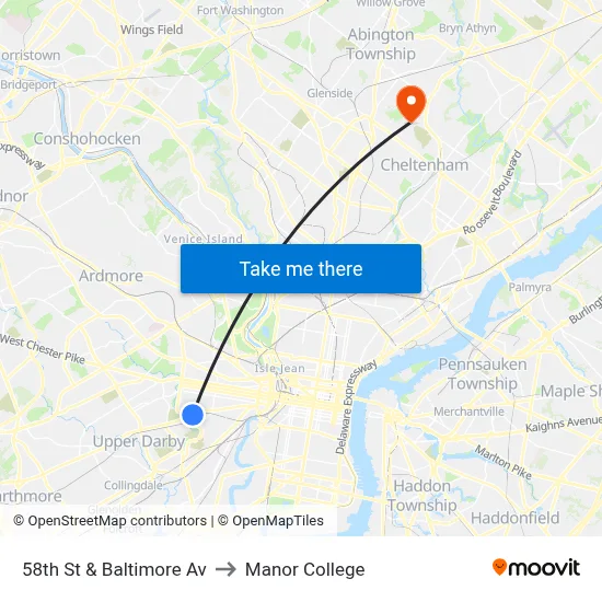 58th St & Baltimore Av to Manor College map