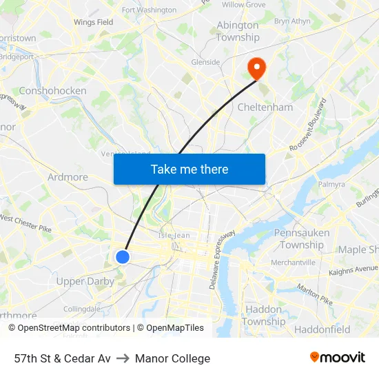 57th St & Cedar Av to Manor College map