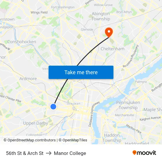 56th St & Arch St to Manor College map