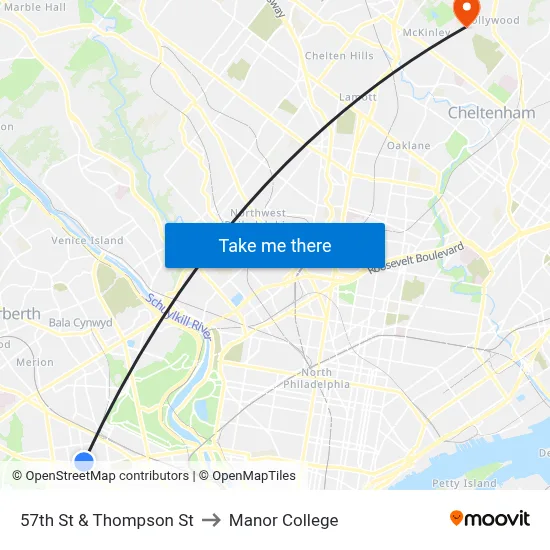 57th St & Thompson St to Manor College map