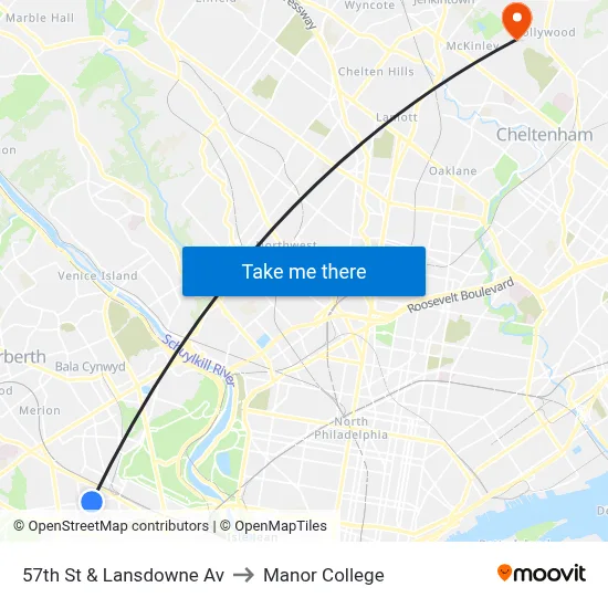 57th St & Lansdowne Av to Manor College map