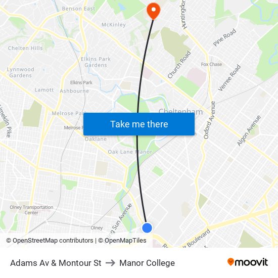 Adams Av & Montour St to Manor College map