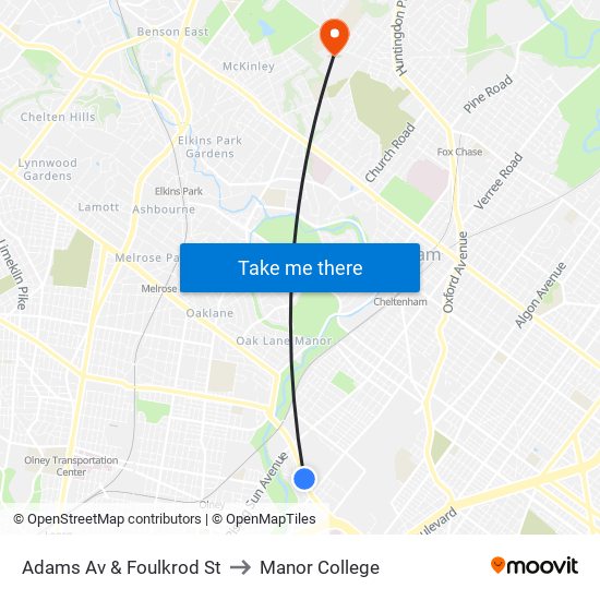 Adams Av & Foulkrod St to Manor College map