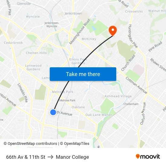 66th Av & 11th St to Manor College map