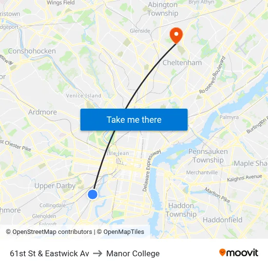 61st St & Eastwick Av to Manor College map