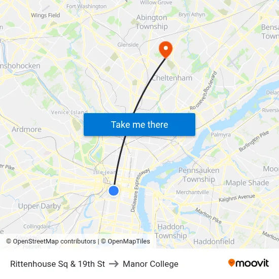 Rittenhouse Sq & 19th St to Manor College map