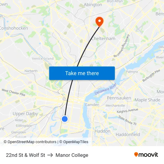 22nd St & Wolf St to Manor College map