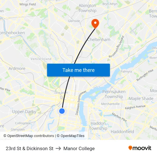 23rd St & Dickinson St to Manor College map