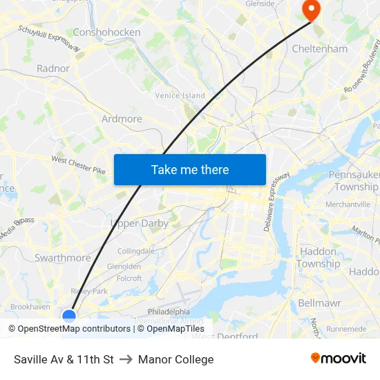 Saville Av & 11th St to Manor College map