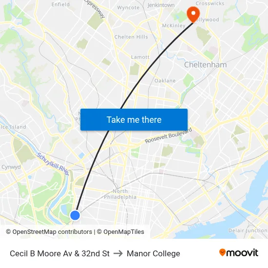 Cecil B Moore Av & 32nd St to Manor College map