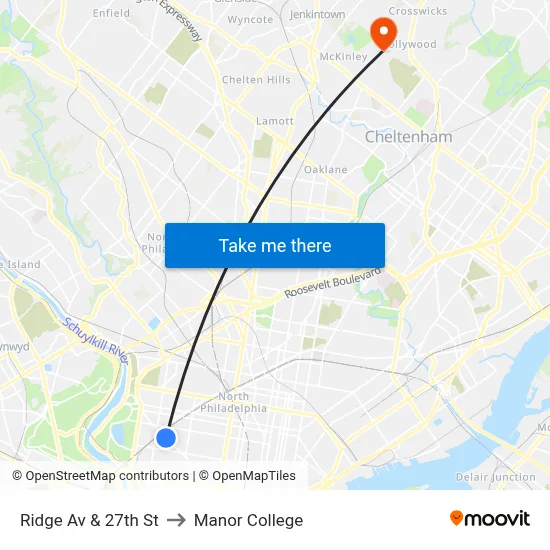 Ridge Av & 27th St to Manor College map
