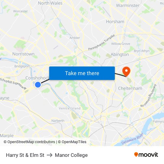 Harry St & Elm St to Manor College map