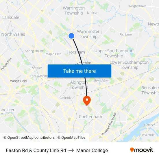 Easton Rd & County Line Rd to Manor College map