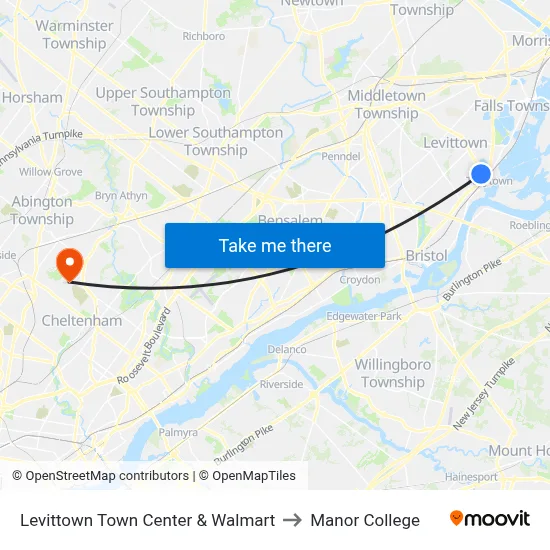 Levittown Town Center & Walmart to Manor College map