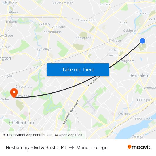 Neshaminy Blvd & Bristol Rd to Manor College map