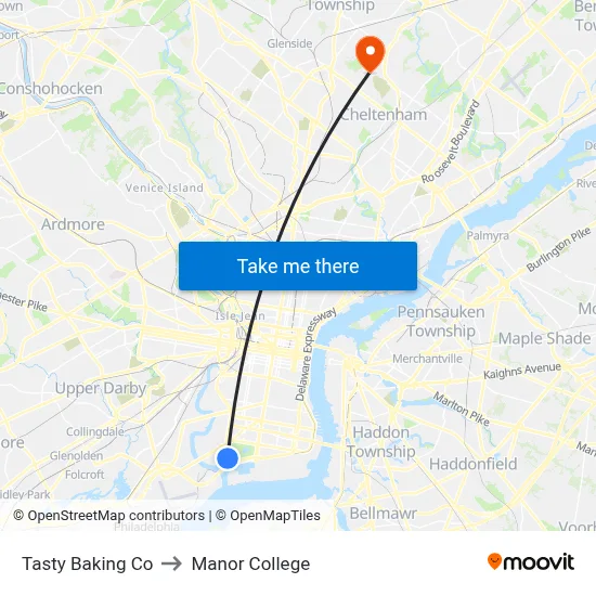 Tasty Baking Co to Manor College map