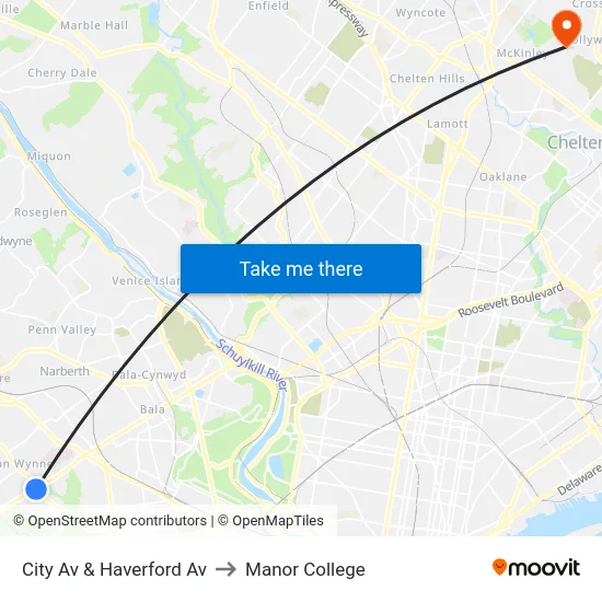 City Av & Haverford Av to Manor College map