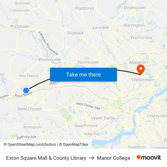 Exton Square Mall & County Library to Manor College map