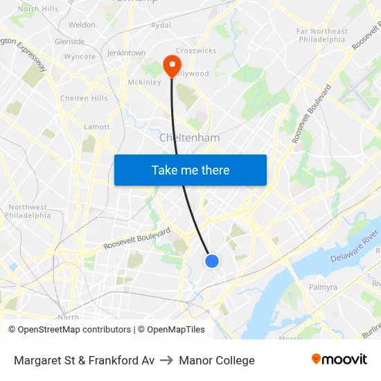 Margaret St & Frankford Av to Manor College map