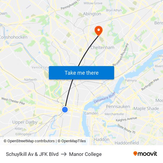 Schuylkill Av & JFK Blvd to Manor College map