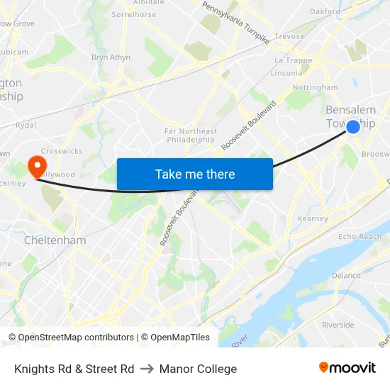 Knights Rd & Street Rd to Manor College map