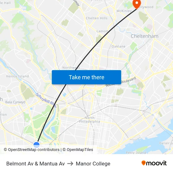 Belmont Av & Mantua Av to Manor College map