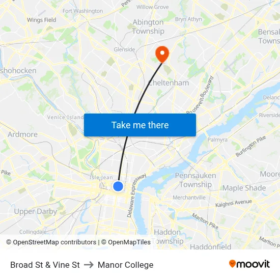 Broad St & Vine St to Manor College map