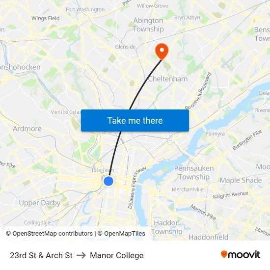 23rd St & Arch St to Manor College map