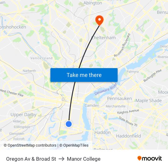 Oregon Av & Broad St to Manor College map