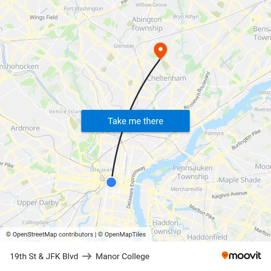 19th St & JFK Blvd to Manor College map