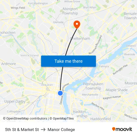 5th St & Market St to Manor College map