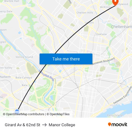 Girard Av & 62nd St to Manor College map