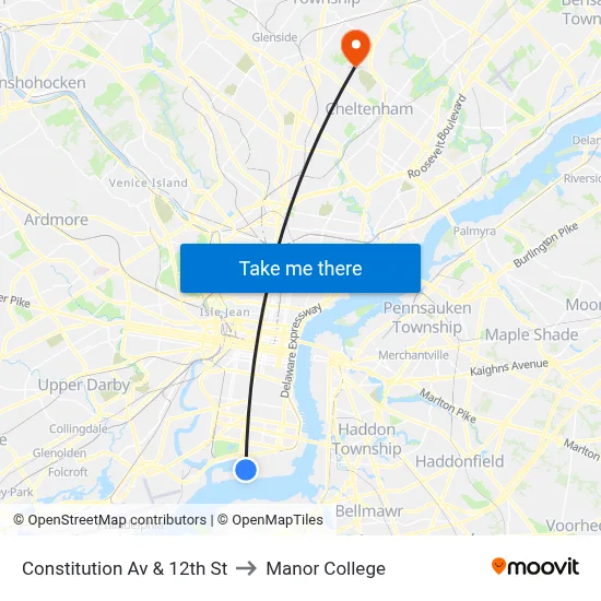 Constitution Av & 12th St to Manor College map