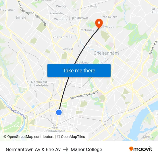 Germantown Av & Erie Av to Manor College map