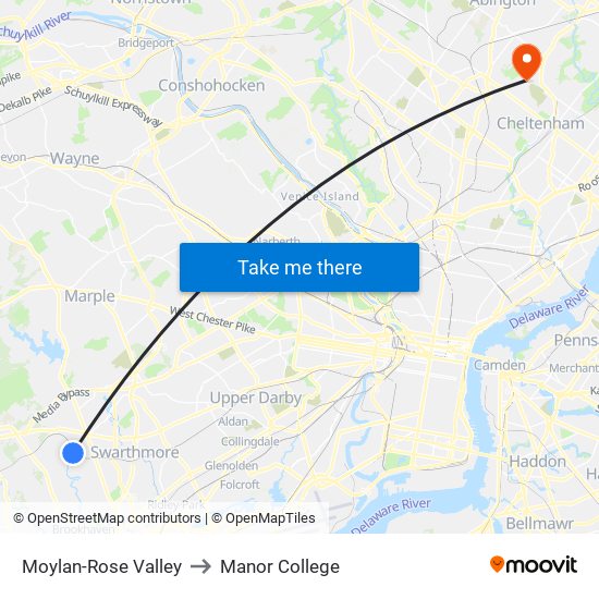 Moylan-Rose Valley to Manor College map