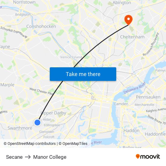 Secane to Manor College map