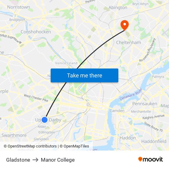 Gladstone to Manor College map