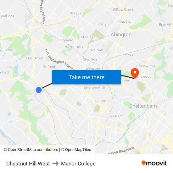 Chestnut Hill West to Manor College map