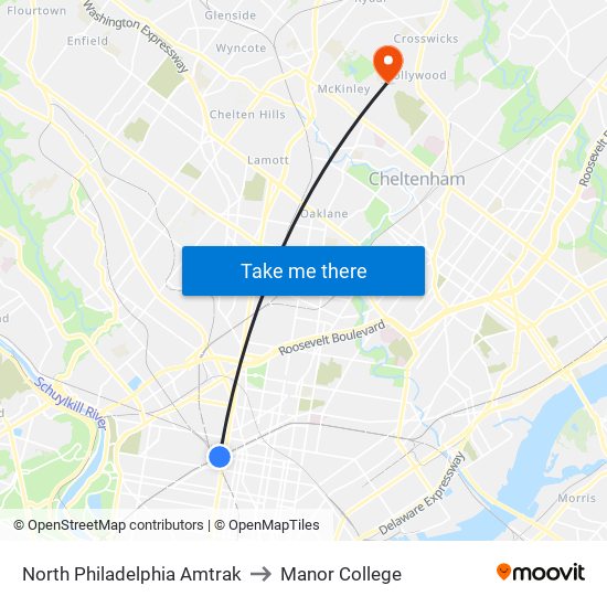 North Philadelphia Amtrak to Manor College map
