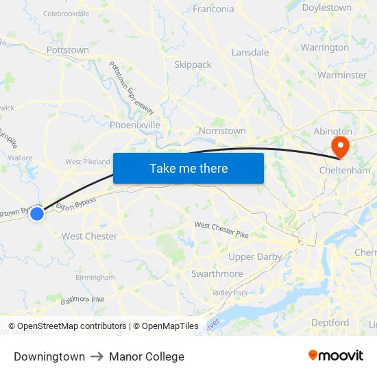 Downingtown to Manor College map