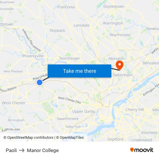 Paoli to Manor College map