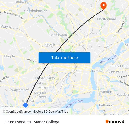 Crum Lynne to Manor College map