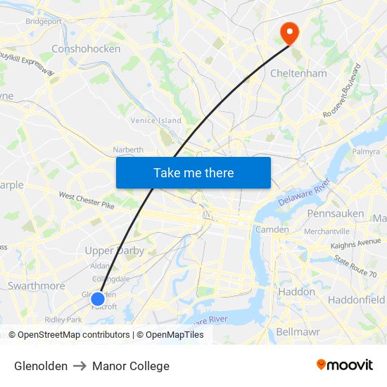 Glenolden to Manor College map