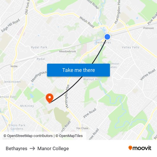 Bethayres to Manor College map