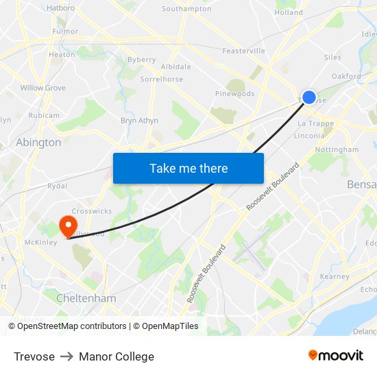 Trevose to Manor College map