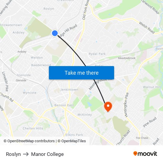 Roslyn to Manor College map