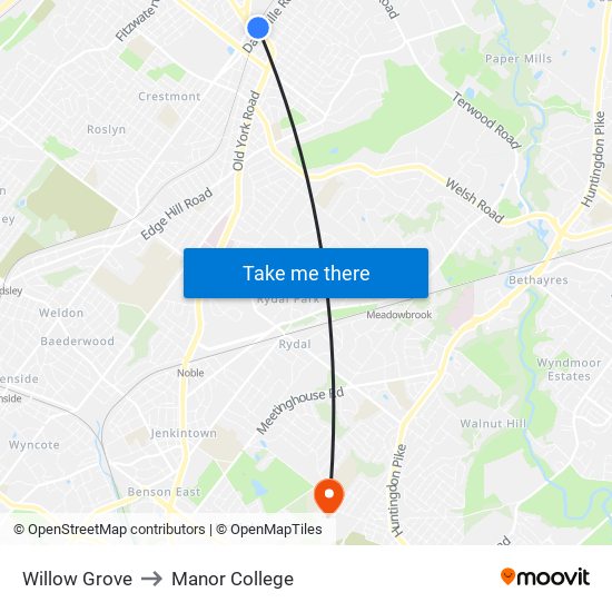 Willow Grove to Manor College map
